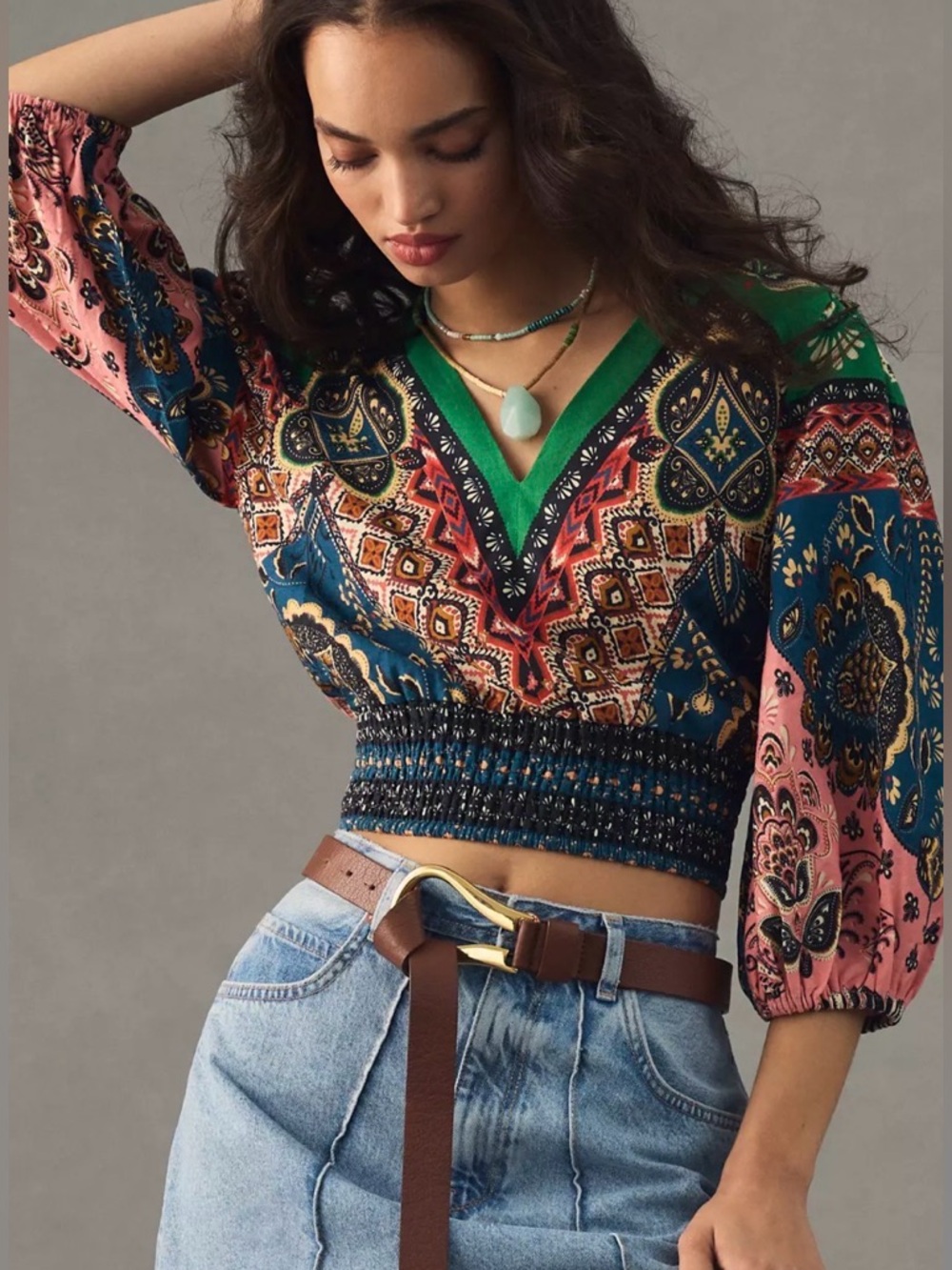 FARM Rio Multicolor V-Neck Smocked Crop Top